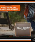 Level Up Your Smoke Game With This Heavy Duty Pellet Storage Bin featuring a rugged locking lid and stackable design, showing 22 lb capacity.