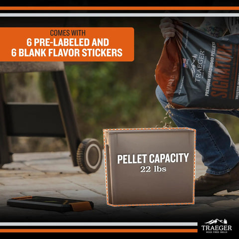 Level Up Your Smoke Game With This Heavy Duty Pellet Storage Bin featuring a rugged locking lid and stackable design, showing 22 lb capacity.