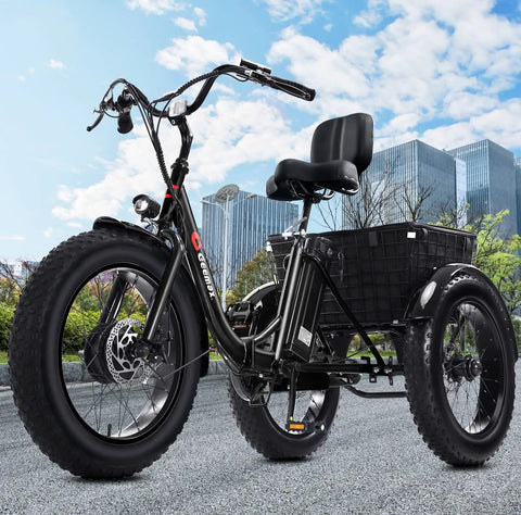 All-Terrain Three-Wheel Electric Tricycle For Adults With 20-Inch Fat Tires, 500W Peak Power, 36V 13Ah Lithium Battery, UL Certified, Foldable 80 Percent Assembled, Easy Off-Road E Bike For Beach Snow Gravel And City Streets, black trike side view