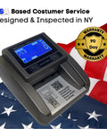 Effortlessly Verify Legit Greenbacks On The Go With This Hella Fast Portable Counterfeit Detector Machine Scanning Five Key Security Features For Sketchy Bills In One Second Flat on a USA flag background