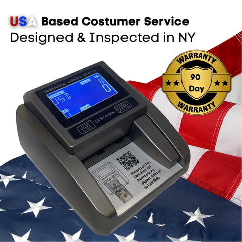 Effortlessly Verify Legit Greenbacks On The Go With This Hella Fast Portable Counterfeit Detector Machine Scanning Five Key Security Features For Sketchy Bills In One Second Flat on a USA flag background