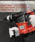 Beast 14.6 Amp Hammer Drill With One And A Quarter Inch SDS Plus 1100 BPM 4700 RPM in use on concrete, showcasing red ergonomic design