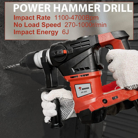 Beast 14.6 Amp Hammer Drill With One And A Quarter Inch SDS Plus 1100 BPM 4700 RPM in use on concrete, showcasing red ergonomic design