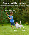 Outdoor Security Camera 2K HD With Color Night Vision And Spotlight displaying smart motion detection for humans and pets in a yard