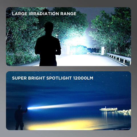 Person using Rechargeable Handheld Spotlight 12000 Lumen LED Flashlight With 10000mAh Battery Ultra Bright Long Range Searchlight outdoors