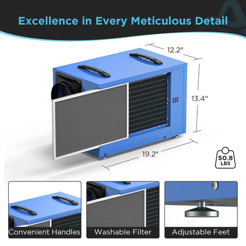 Side view of 125 Pints Commercial Dehumidifier For Crawl Spaces And Basements With Drain Hose Heavy Duty Industrial Grade Moisture Removal