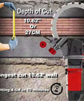 Kickass Brushless Electric Concrete Saw Featuring Wet Dust Suppression System With Built In Pump For Super Smooth Wall Grooving And Hardcore Brick Slotting Projects Ready To Roll, measuring cutting depth of 10.62 inches on brick.
