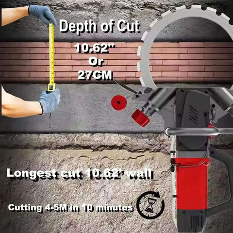 Kickass Brushless Electric Concrete Saw Featuring Wet Dust Suppression System With Built In Pump For Super Smooth Wall Grooving And Hardcore Brick Slotting Projects Ready To Roll, measuring cutting depth of 10.62 inches on brick.