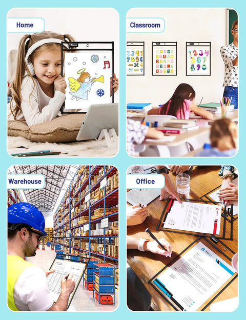 Oversized Dry Erase Pockets With Rings Pack of 30 showcased in home, classroom, warehouse, office settings for versatile use.