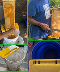 Beekeeping Honey Uncapping Tank Holder For Easy Harvesting And Frame Scraper on 5-gallon bucket, showing honey extraction process.