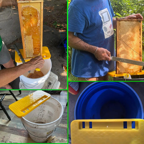 Beekeeping Honey Uncapping Tank Holder For Easy Harvesting And Frame Scraper on 5-gallon bucket, showing honey extraction process.