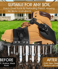 Lawn Aerator Shoes With Spikes For Grass 5mm Metal Base Adjustable Straps Foot Protection Easy Install Spike Shoes For Yard Work And Lawn Care Aeration On Patios And Yards, shown with cutaway view of penetrating spikes in soil.