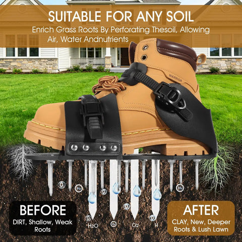 Lawn Aerator Shoes With Spikes For Grass 5mm Metal Base Adjustable Straps Foot Protection Easy Install Spike Shoes For Yard Work And Lawn Care Aeration On Patios And Yards, shown with cutaway view of penetrating spikes in soil.