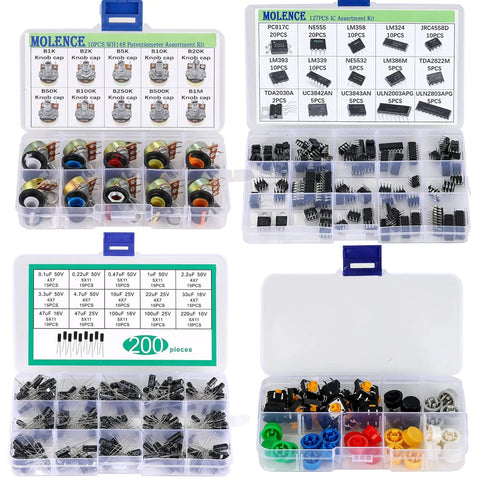 Plastic case of 5162 Piece DIY Electronics Components Kit with resistors, capacitors, inductors, LEDs, ICs, diodes, and switches.