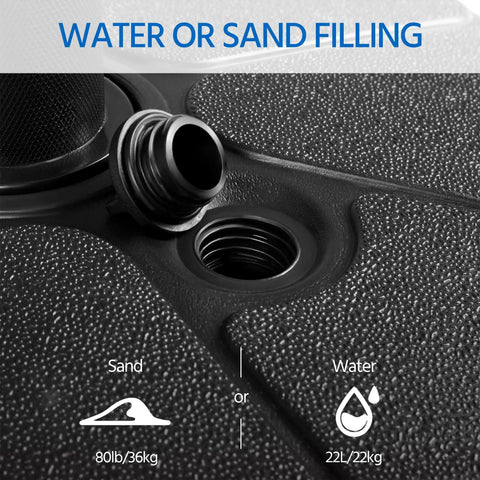 Close-up of 22L round water and sand filled umbrella base stand no fuss free standing fill hole with texture, handle, anti slip bottom