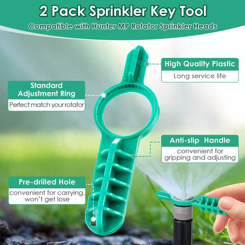 Green 2 Pack Sprinkler Adjustment Tool for Hunter MP Rotator Heads, showing standard ring, and anti-slip handle in use.