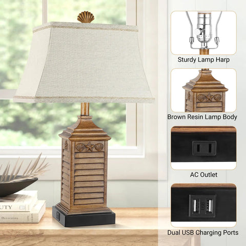 Brown farmhouse bedside lamp with USB ports, AC outlet, white linen shade, set of 2 farmhouse bedside lamps with USB ports and AC outlet