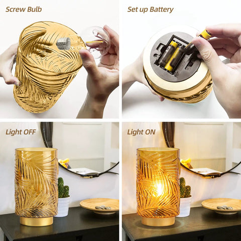 Cordless Battery Operated LED Glass Lamp With Timer Yellow Table Centerpiece setup and glow stages