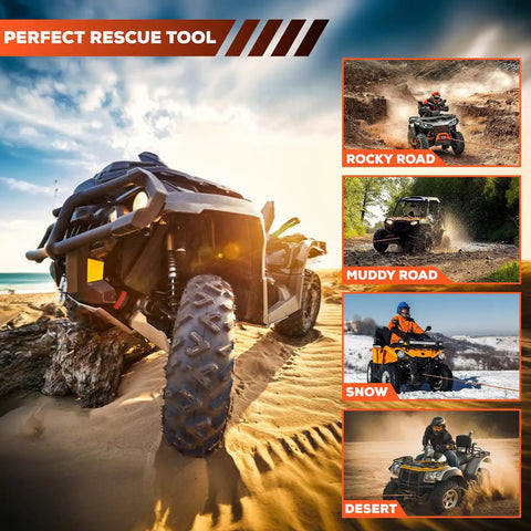ATV on various terrains with Heavy Duty Synthetic Winch Rope Kit 1/4 Inch by 50 Ft shown in desert, mud, snow, and rocky scenes.