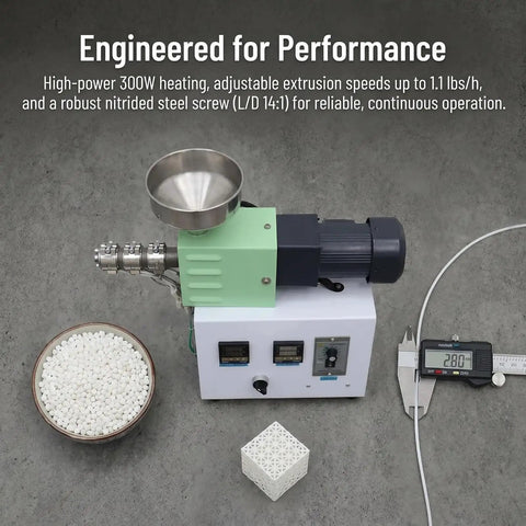 Heavy Duty Commercial 3D Printer Filament Extruder Recycler Machine with 300W heater and plastic pellets for smooth filament production.