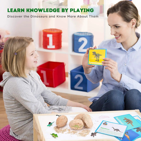 Child and adult using Dig Up Dinosaur Fossil Eggs Kit Break Open Twelve Unique Dino Eggs Uncover Twelve Adorable Dinosaurs Easter STEM Toy For Kids Ages Three To Twelve Hands On Archaeology Science Gift with cards and toy figures.