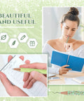 Woman writing with Seven Glitter Pens Set For Women With Ten Black Ink Refills, a sparkly pen, while holding a blue notebook.