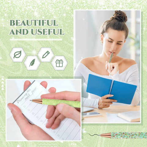 Woman writing with Seven Glitter Pens Set For Women With Ten Black Ink Refills, a sparkly pen, while holding a blue notebook.
