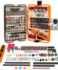 Heavy Duty 448 Piece Rotary Tool Accessory Kit With Sleek Carry Case, 1 8 Inch Universal Bits, Cordless Power Tool Built Strong For Sanding Polishing Engraving, Plug And Play 2000 Mah Battery with various bits and tools organized in an orange case.