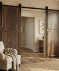Heavy Duty Two Panel Sliding Barn Door With Full Track Hardware Kit For Interior Closets And Room Dividers Top Shelf Build, shown in living space.