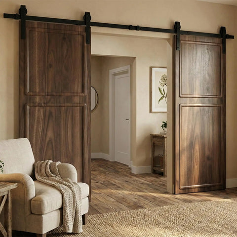 Heavy Duty Two Panel Sliding Barn Door With Full Track Hardware Kit For Interior Closets And Room Dividers Top Shelf Build, shown in living space.
