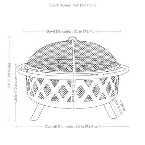 Crossweave Outdoor Wood Burning Fire Pit For Patio Or Yard 36 Inch Round Black Fire Pit with dimensions and spark screen