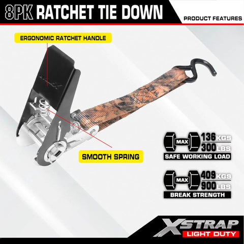 Tough As Nails Camo Ratchet Tie Down Straps Eight Pack One Inch By Ten Feet showing ergonomic handle and smooth spring mechanism.