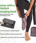Person using SlideSuit Changing Sock with Wetsuit Changing Mat And 2 In 1 Gear Bag With 5000X Waterproof Tech Keeps You And Your Car Clean And Dry Fits 2 To 3 Wetsuits Or 1 Wetsuit Plus Gear Must Have Surf Scuba And Diving Accessory Gift.