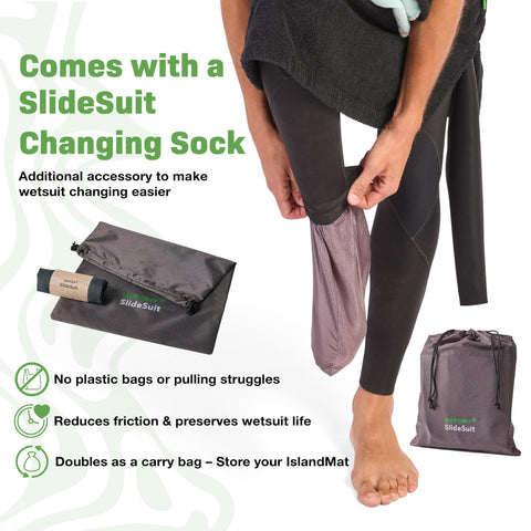 Person using SlideSuit Changing Sock with Wetsuit Changing Mat And 2 In 1 Gear Bag With 5000X Waterproof Tech Keeps You And Your Car Clean And Dry Fits 2 To 3 Wetsuits Or 1 Wetsuit Plus Gear Must Have Surf Scuba And Diving Accessory Gift.