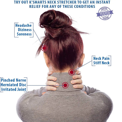 Woman holding neck with pain points highlighted, illustrating benefits of Neck Traction Device For Home Pain Relief With Inflatable Cervical Stretcher Collar Easy Adjustable Pinched Nerve Relief And Spinal Decompression For Herniated Disc And Muscle Strain Recovery Kit Blue.