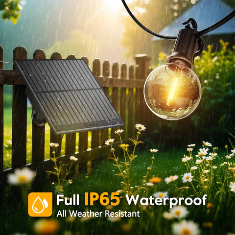 Solar Outdoor String Lights 38 Feet With 15 LED G40 Shatterproof Bulbs Waterproof With USB Type C Charging in rainy garden