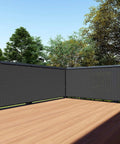 3 Foot By 25 Foot Balcony Privacy Screen Mesh Fence Cover For Deck Railing Outdoor Patio Windscreen 200GSM Heavy Duty HDPE Black Lattice Privacy Netting Pro Grade installed on a wooden deck railing.