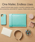 Teal 5x6 Inch Poly Bubble Mailers With Self Seal Adhesive Waterproof Padded Shipping Bags shown with small items on a wood surface