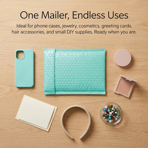 Teal 5x6 Inch Poly Bubble Mailers With Self Seal Adhesive Waterproof Padded Shipping Bags shown with small items on a wood surface