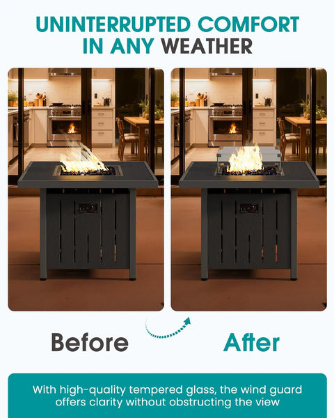 33 Inch Outdoor Propane Fire Pit Table With 50,000 BTU, Lid, Glass Wind Guard, Fire Glass, And HDPE Patio Furniture for patio