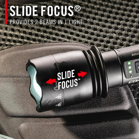 Close-up of Beastly Bright 4000 Lumen USB C Rechargeable LED Flashlight with Slide Focus feature on textured surface