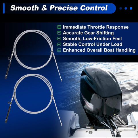 2 Pack 7m Boat Throttle And Shift Control Cables For Mercury MerCruiser Outboard Marine Force Engines Replacement OE CCX18924 Gray Smooth And Precise Remote Cable Set shown in coils beside outboard motor with benefits listed