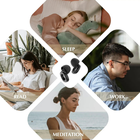 Ultra Soft Sleep Ear Plugs For Quiet Nights And Restful Sleep shown for sleep, work, reading, and meditation use