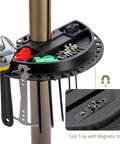 E Bike Repair Stand With 360 Degree Clamp Heavy Duty Work Stand showing tool tray with magnetic stripe, wrench, and screws