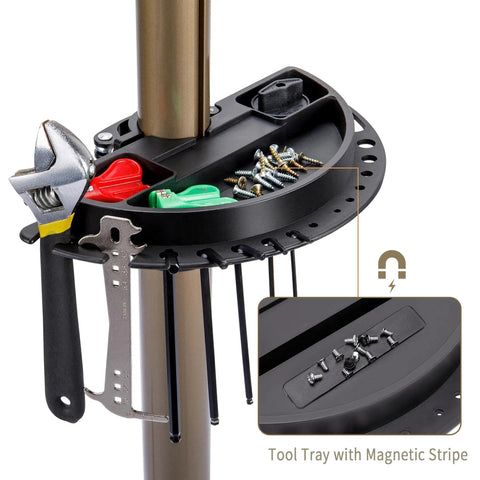 E Bike Repair Stand With 360 Degree Clamp Heavy Duty Work Stand showing tool tray with magnetic stripe, wrench, and screws