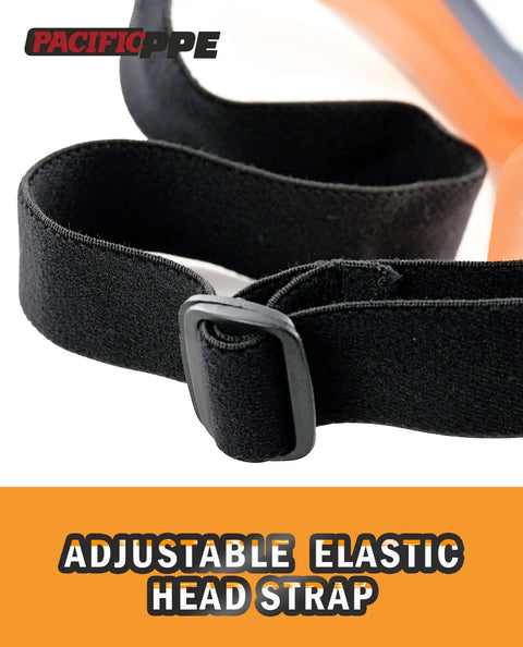 Close-up of adjustable elastic head strap for Wide Vision Safety Glasses with buckle for secure fit and comfort.