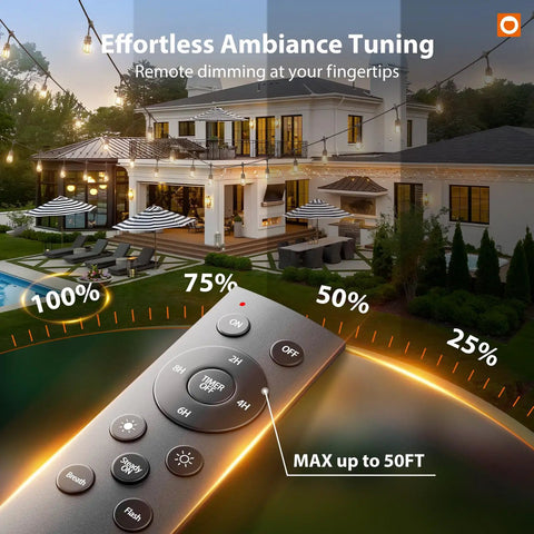 Remote for 100Ft Outdoor String Lights With Remote Dimmable Edison Bulbs by modern house and poolside.