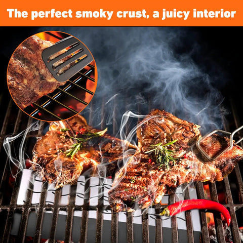 Grilled meats over Stainless Steel Wood Chip Smoker Box With Hinged Lid Double V Shape For Charcoal Or Propane Grills, smoke rising