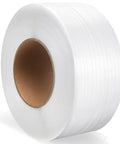 Heavy Duty White Polypropylene Strapping Roll 9900 Ft 1/2 Inch 440 Lb Tensile Strength Packing Gear on a spool for shipping.