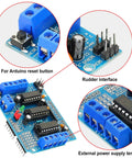 Dual H Bridge Motor Driver Shield for Arduino and Raspberry Pi showing components like Arduino reset button, rudder interface, power supply terminal